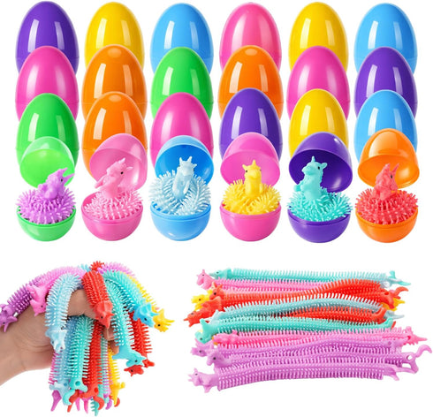 Yunfan 24 Pack Prefilled Easter Eggs with Dinosaur Stretchy Strings Fidget Toys