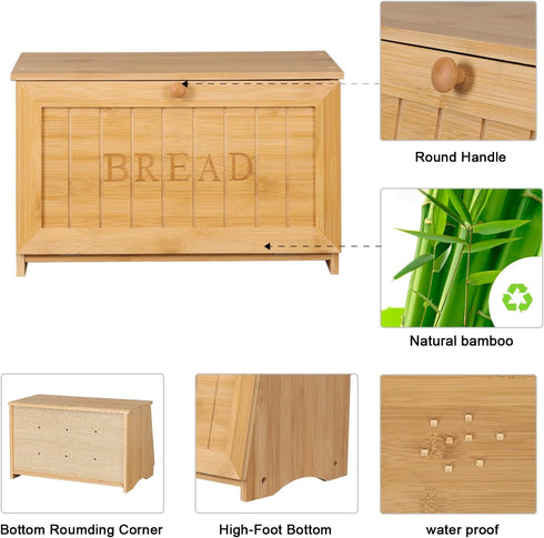 HOMEKOKO Vintage Large Wood Bread Box for Kitchen Counter, Retro Design, Single Layer Bamboo Food Storage Bin
