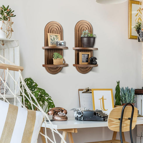 2 15.75 6.69 Inches(Brown) Wenqik Pcs Boho Wall Shelf Rainbow Arch Wooden Floating Shelf Mid Century Bohemian Hanging