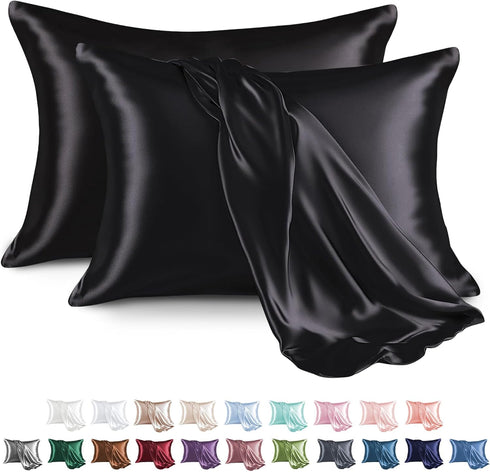 MR&HM Satin Pillowcase for Hair and Skin, Silk Satin Pillowcase 2 Pack, Queen Size (20x30, Black)