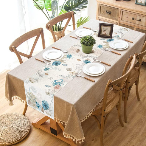 13x60 Inch PROCIDA Blue Beach Table Runner Tropical Ocean Coastal Table Runners Seashell Burlap Seasonal Nautical