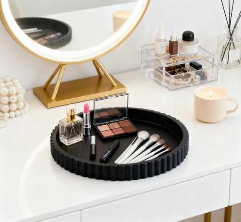 Concrete Decorative Tray for Coffee Table Tray Decor - Charcoal Black Round Decorative Tray - Circle Fluted Centerpiece