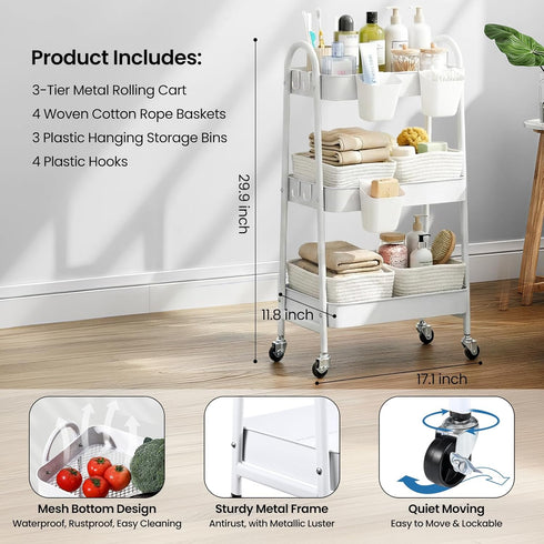 3-Tier 4 Rolling Utility Cart with Woven Baskets, Diaper Book Snack Cart, Storage Organizer for Nursery, Kitchen, Craft