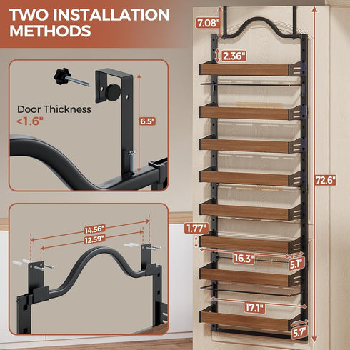 8-Tier 2 1 Spice Rack Wall Mount, Heavy-Duty Over the Door Pantry Organizer with Wooden Adjustable Basket, IN Wall