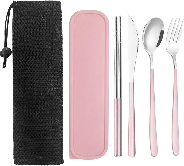 Portable Travel Utensils Set with Case, Pink Reusable Silverware Set, Stainless Steel Knife Forks Spoons for Camping