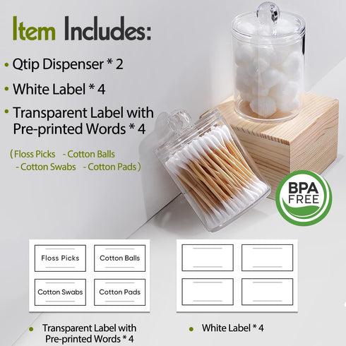 2 Pack Acrylic Qtip Holder Dispenser - Clear Plastic Canister for Cotton Swabs, Balls, Pads, Floss Picks, Bathroom Decor