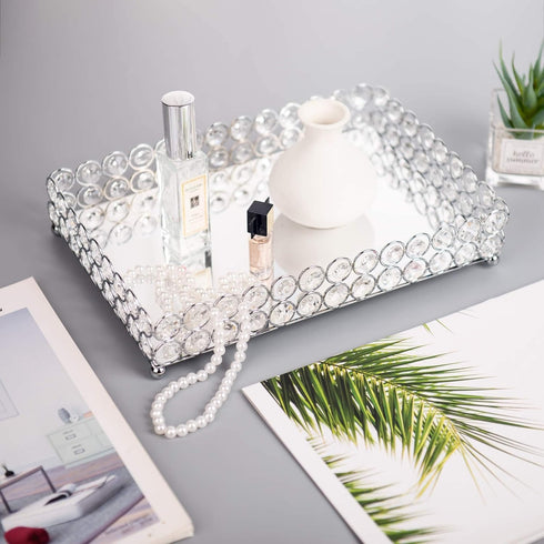 Feyarl Crystal Vanity Makeup Tray, Ornate Jewelry Trinket Organizer, 12" x 8" Silver Decorative Tray