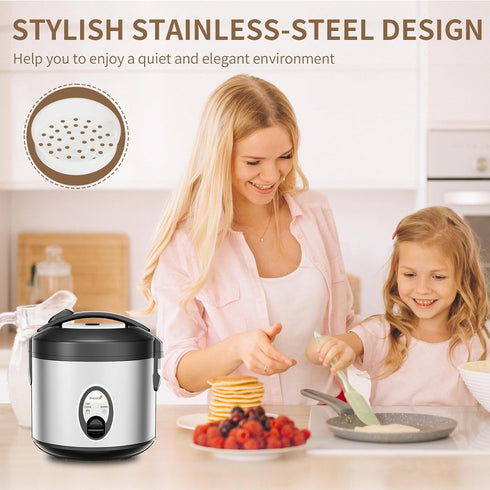 4-Cup (1.0L)/8-Cup Macook Stainless Steel Rice Cooker with Steamer, Uncooked Cooked, Electric Grain & Vegetable Cooker