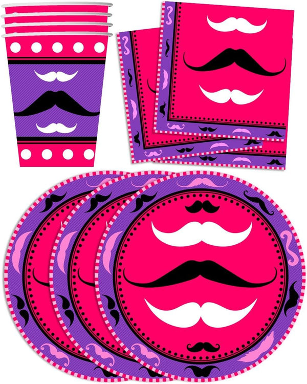 Pink Mustache Birthday Party Supplies Set - Plates, Napkins, Cups Tableware Kit for 16
