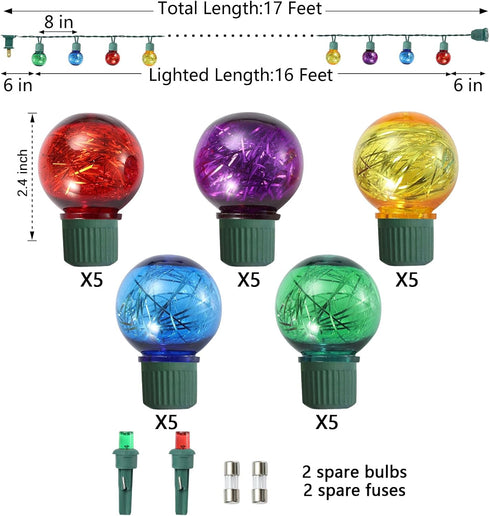 Brillarlights G30 25 17FT Christmas Multicolor Round Tinsel Globe Lights-Colorful Christmas Lights String with LED