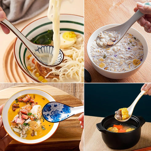 5pcs Ceramic Asian Soup Spoons, Deep Oval Hook Non-slip Japanese Spoons for Rice, Ramen, Pho, and Miso Soup