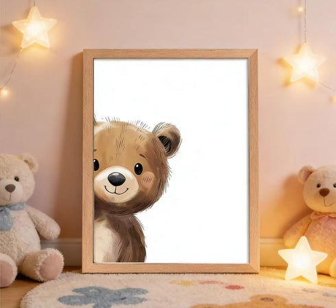 SEINEMBSC Framed Baby Bear Nursery Wall Art Peeking Bear Pictures Wall Decor Peekaboo Kids Room Decor Woodland Animal