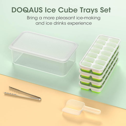 DOQAUS Ice Cube Tray with Lid and Bin, 4 Pack Silicone Plastic Ice Cube Trays with Ice Box and Ice Scoop