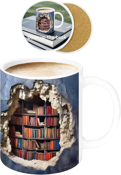 3D 11oz Library Bookshelf Mug, Bookshelf Design Ceramic Coffee Cup with Visual Effect, Book Lovers Gifts for Readers