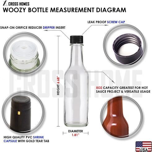 Cross 5oz Woozy 30 Hot Sauce Bottles, Empty Clear Glass Bottles with Shrink Capsules, Small Wine Bottle with Shirnk