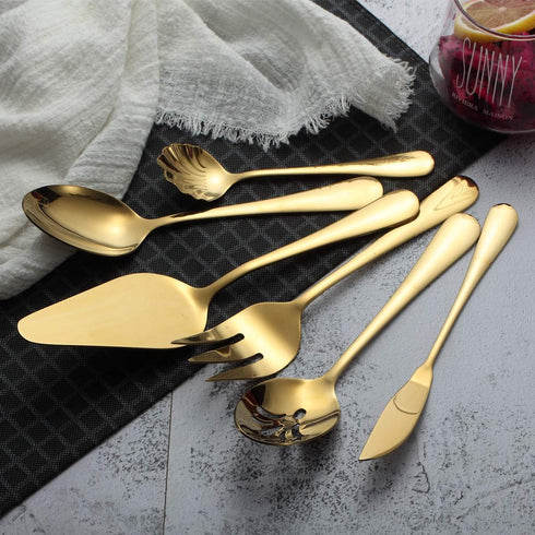 Berglander Stainless Steel Titanium Plated Flatware Serving Set, 6 Pieces, 45 Pieces Flatware with 1 Cake Server