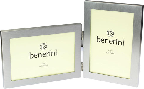 Brushed Aluminium Satin Silver Colour Twin 2 Picture Double Folding Photo Frame Gift - Takes 2 Standard 6 x 4 inch photographs (1 Landscape and 1 Portrait Style) by benerini