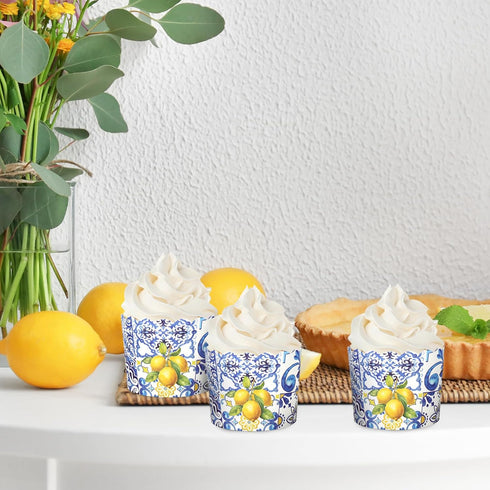 100Pcs Lemon Paper Baking Cups - Blue Yellow Scalloped Edge Cupcake Wrappers, Muffin Cases for Summer Party Supplies