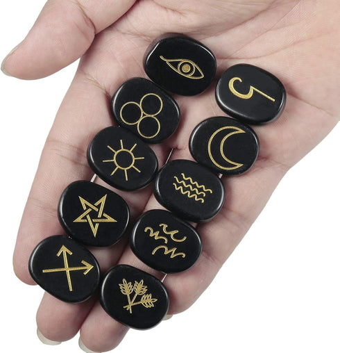 Amogeeli Black Obsidian Witch Rune Stones Set, 10pcs Gypsy Symbol Engraved Crystal for Divination