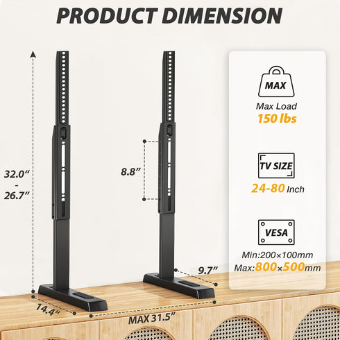 TAVR Furniture 24-80 inch 150lbs, 800x500mm, Universal Table Top TV Stand Base for LCD LED TVs, TV Legs with Height