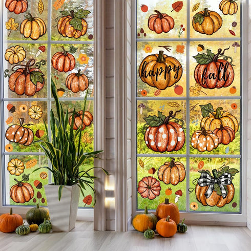 YUJUN 6 Sheets Thanksgiving Fall Window Clings, Pumpkin Maple Leaves Oil Painting Decals for Autumn Home Decor and