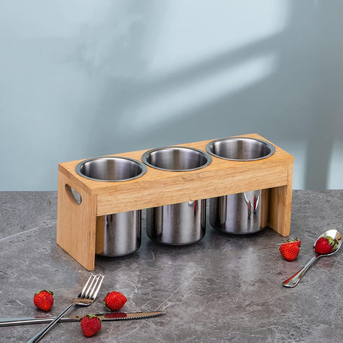ZOOFOX 3 Pack Stainless Steel Silverware Holder, Utensil Organizer with Wood Base for Spoons, Knives, and Forks