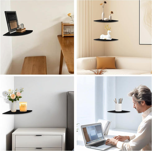 JJL 12-Inch Set 2 Corner Shelf Wall Mounted, Sector Wood Floating Corner Shelves with Wire Hole, of Circular arc Corner