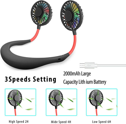 Portable Neck Fan, USB Rechargeable with 3 Adjustable Speeds and LED Lights - Black