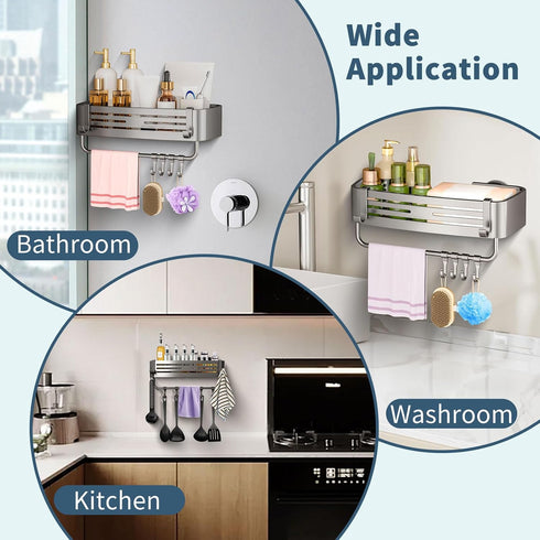 OKEJUNYE Shower Caddy Suction Cup, No Drilling Removable Shower Shelf with Towel Bar & Portable Hooks, Aluminum