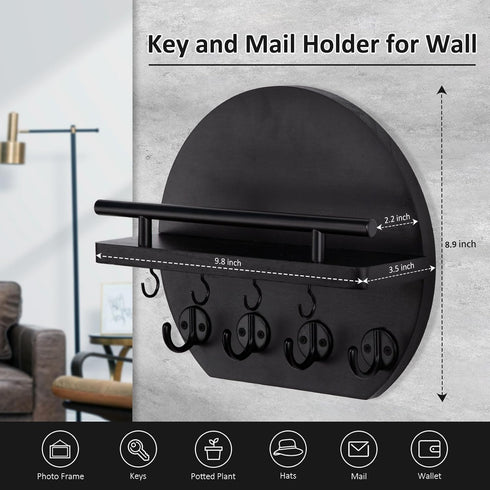 Key Holder for Wall, 9.8 Inch Apartment Decor with Shelf and 8 Key Hooks, Black Wood Hanger
