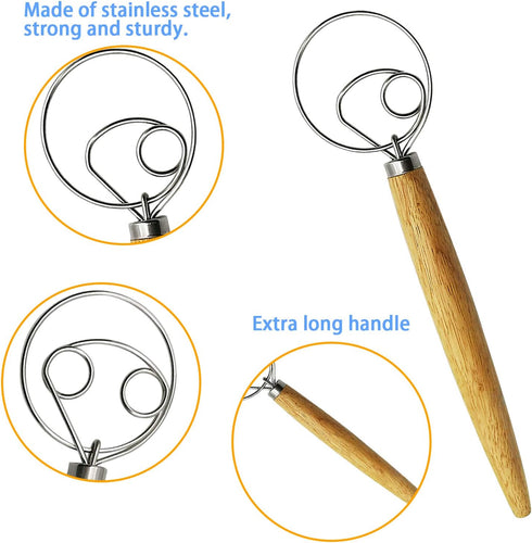 Danish Dough Whisk Kits - 2 Pack Premium Stainless Steel Dutch Whisk & 1 Pack Hand Push Rotary Whisk Blender