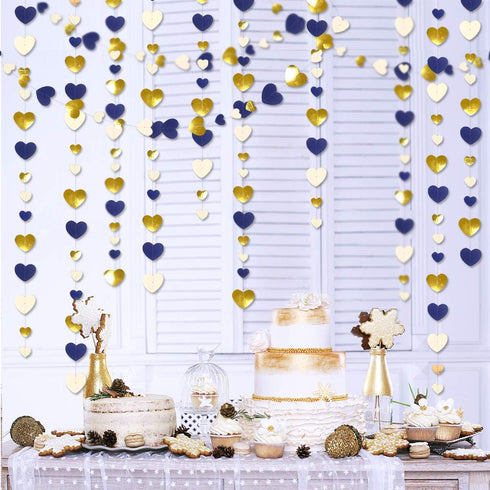 52Ft Valentines Day Party Decorations - Navy Blue Gold Love Heart Garland, Royal Blue Gold Hanging Streamer Banner for