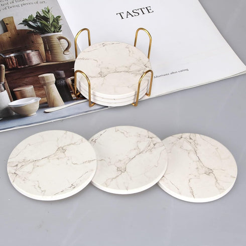 6 Pack Set White Marble Coaster with Holder Absorbent Drink Coasters Ceramic Cute Coaster Bar Dining Coffee Table