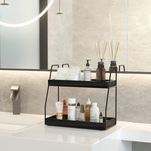 2-Tier Counter 2 ZGO Modern Bathroom Organizer, Wooden Sink Organizer Shelf for Vanity Storage, Makeup Bedroom Corner