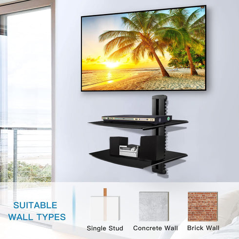 PS4 2-Tier Suptek Glass Floating Shelves, TV Wall Mount with Shelf for DVD Player / / Cable Boxes/Game Consoles/Sky