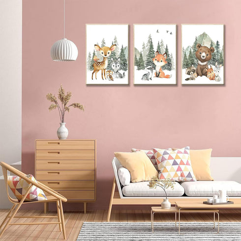 3Pcs 12x16in Woodland Animal Nursery Canvas Wall Art Forest Adventure Theme Animals Picture Posters Wall Decor Cute