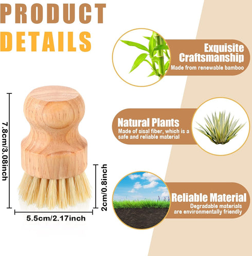 Bamboo Dish Scrub Brushes Wooden Cleaning Scrubbers Set, Kitchen Dish Brush with Natural Sisal Bristles for Home
