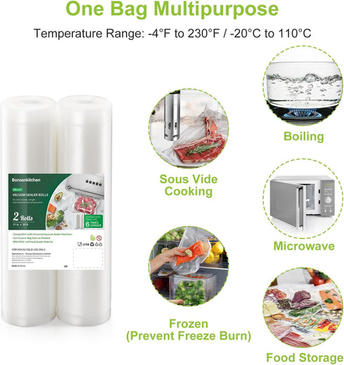 Bonsenkitchen Vacuum Food Sealer Rolls Bags, 2 Packs, 11 in x 20 ft, BPA Free, Durable Customized Size Food Bags for