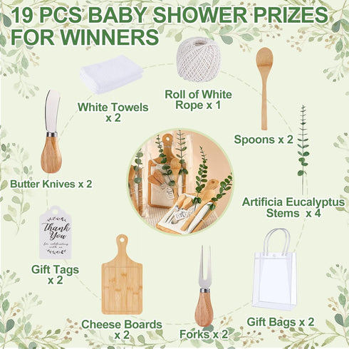 2 Sets) Baby Shower Prizes for Game Winners Bamboo Cheese Board Spoon Fork Butter Spreaders Plaid Towel Thank You Card