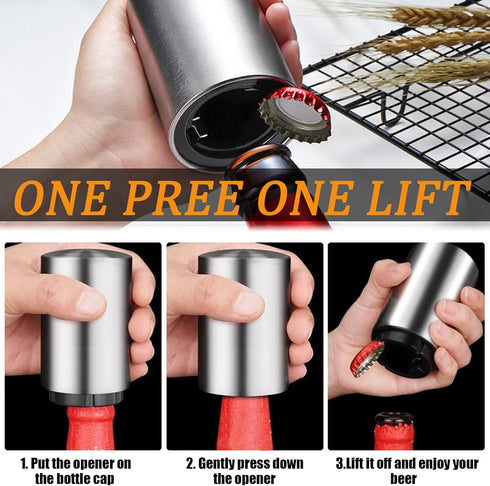 Premium Automatic Beer Bottle Opener, Stainless Steel Portable Push Down and Pop Off Magnetic Cap Catcher for Home Bars