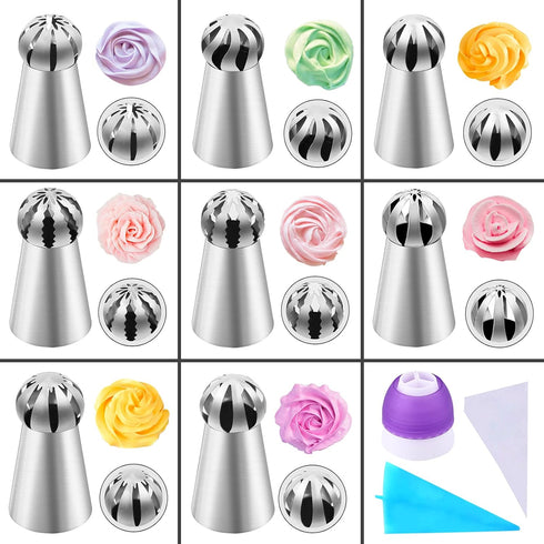 42 Pcs Russian Piping Tips Set, 8 Nozzles for Cake Decorating, 30 Pastry Baking Bags, 1 Cleaning Brush