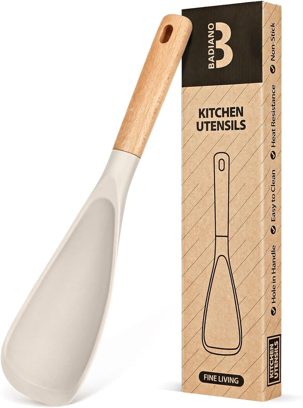 Cooking Spoon for Nonstick Cookware, Durable BPA-Free Matte Silicone Wood Handle Spoon for Mixing, Scoop, Khaki