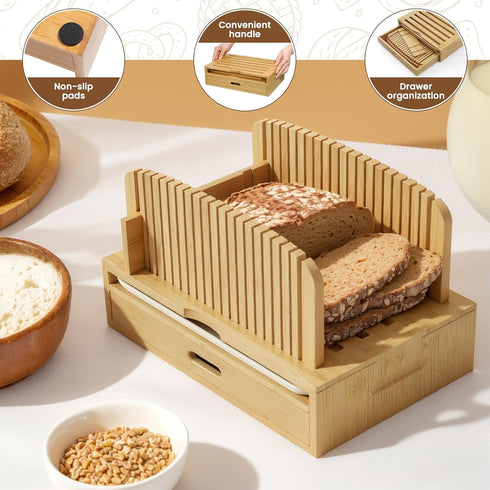 Joothlin Bamboo Bread Slicer for Homemade Bread Adjustable Width Slicing Guides, Compact Loaf Cutter for Perfect Slices