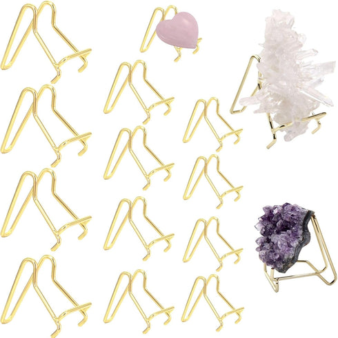 12 pcs Gold Metal Easel Stands, 3 Sizes Rock Display Stand for Crystals, Collectibles, Geodes, Coins, Plates