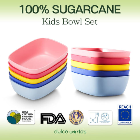 Sugarcane Kids Bowls 5Pack (27oz) + Coconut Pad 2Pc - Natural Plastic Dishes for Toddler to Big Kids - Fried Rice & Noodles – Microwaves & Dishwasher Safe – BPA Free, Unbreakable, Reusable - Multi by Dulce Worlds