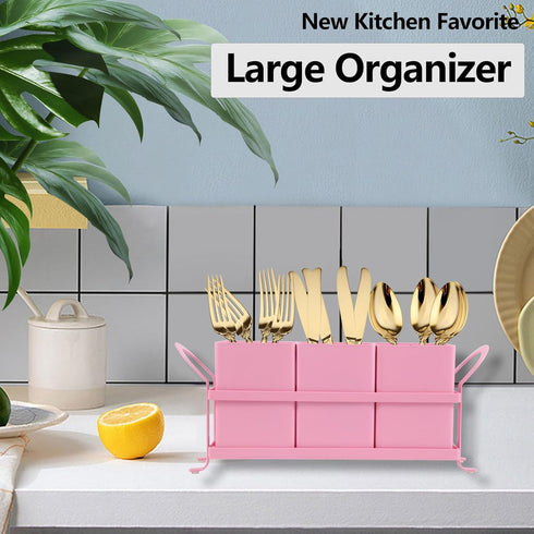 Metal Silverware Caddy - 3 Compartment Utensil Holder with Metal Rack, Flatware Cutlery Organizer for Countertop, Pink