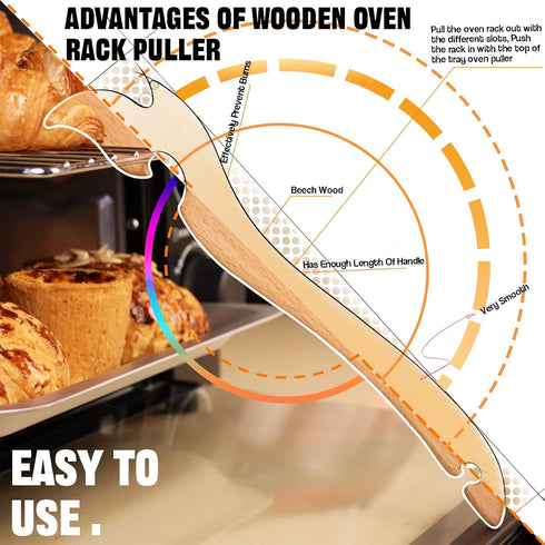 Wood Oven Rack Puller Tool, Long Handle Push Pull Accessory for Toaster Oven, Prevent Scalding, Kitchen Use