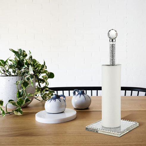 13 Inch Silver Crystal Standing Paper Towel Roll Holder, Square Base Standing Paper Towel Stand with Sparkly Crystal