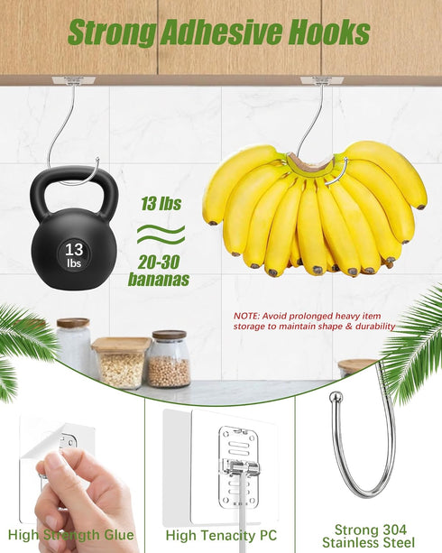 2 Pack Holder(13lb), (16cm) Latoxcaa Self Adhesive Banana Hook Under Cabinet Foldable, Heavy Duty Metal Clear Banana