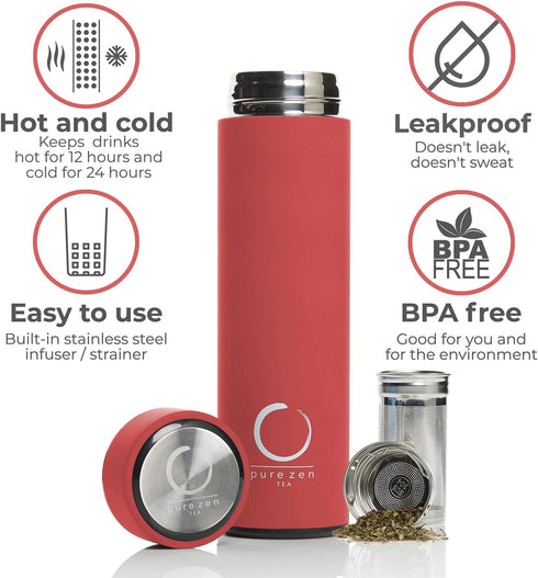 Pure Zen Tea Thermos with Infuser for Hot & Cold Infusions - 15oz Leakproof Travel Mug, Stainless Steel, Red